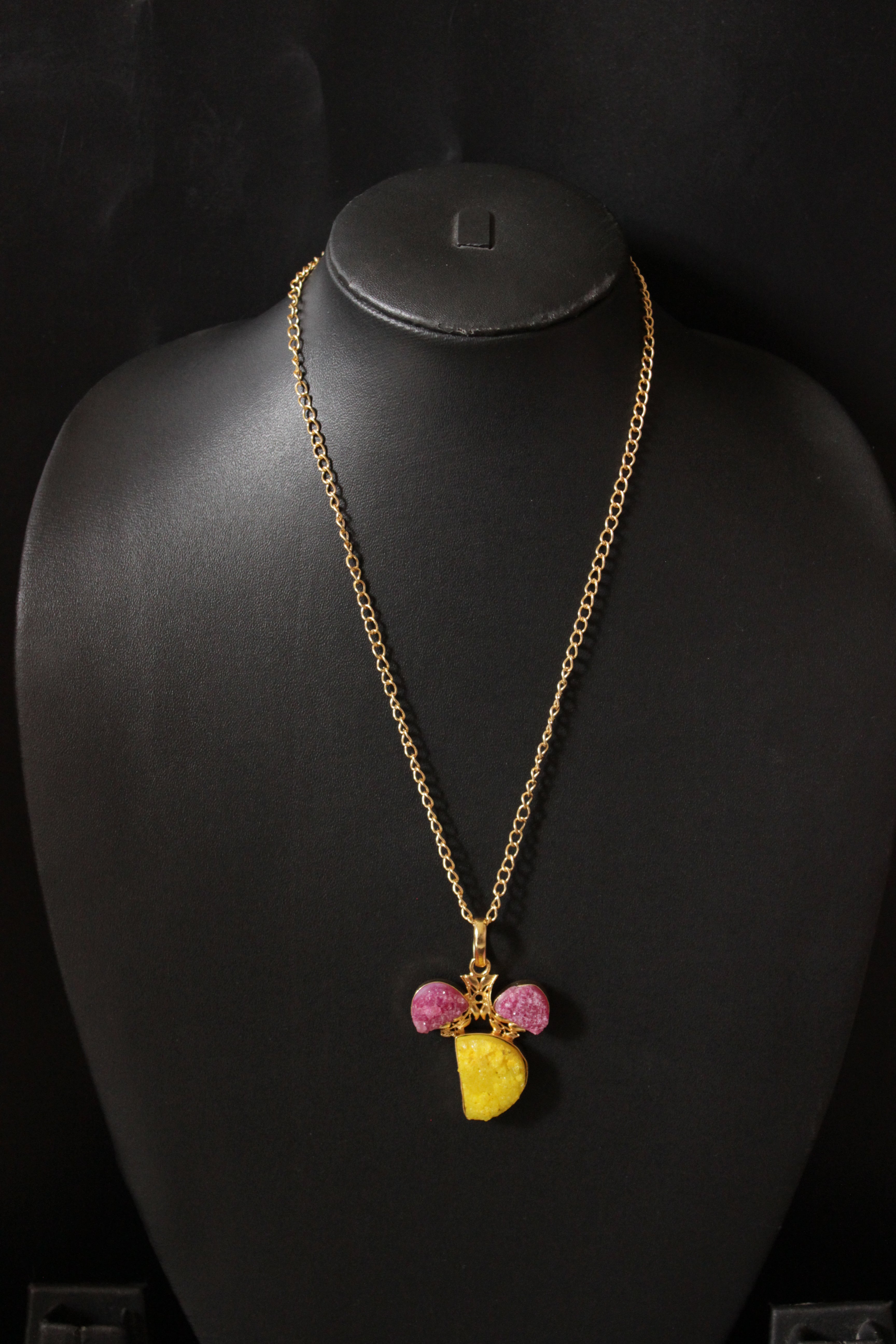 Bright Yellow and Pink Sugar Druzy Gemstone Embedded Gold Plated Handmade Necklace