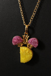 Bright Yellow and Pink Sugar Druzy Gemstone Embedded Gold Plated Handmade Necklace