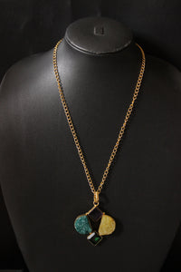 Dull Yellow and Blue Sugar Druzy Gemstone Embedded Gold Plated Handmade Necklace
