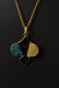 Dull Yellow and Blue Sugar Druzy Gemstone Embedded Gold Plated Handmade Necklace