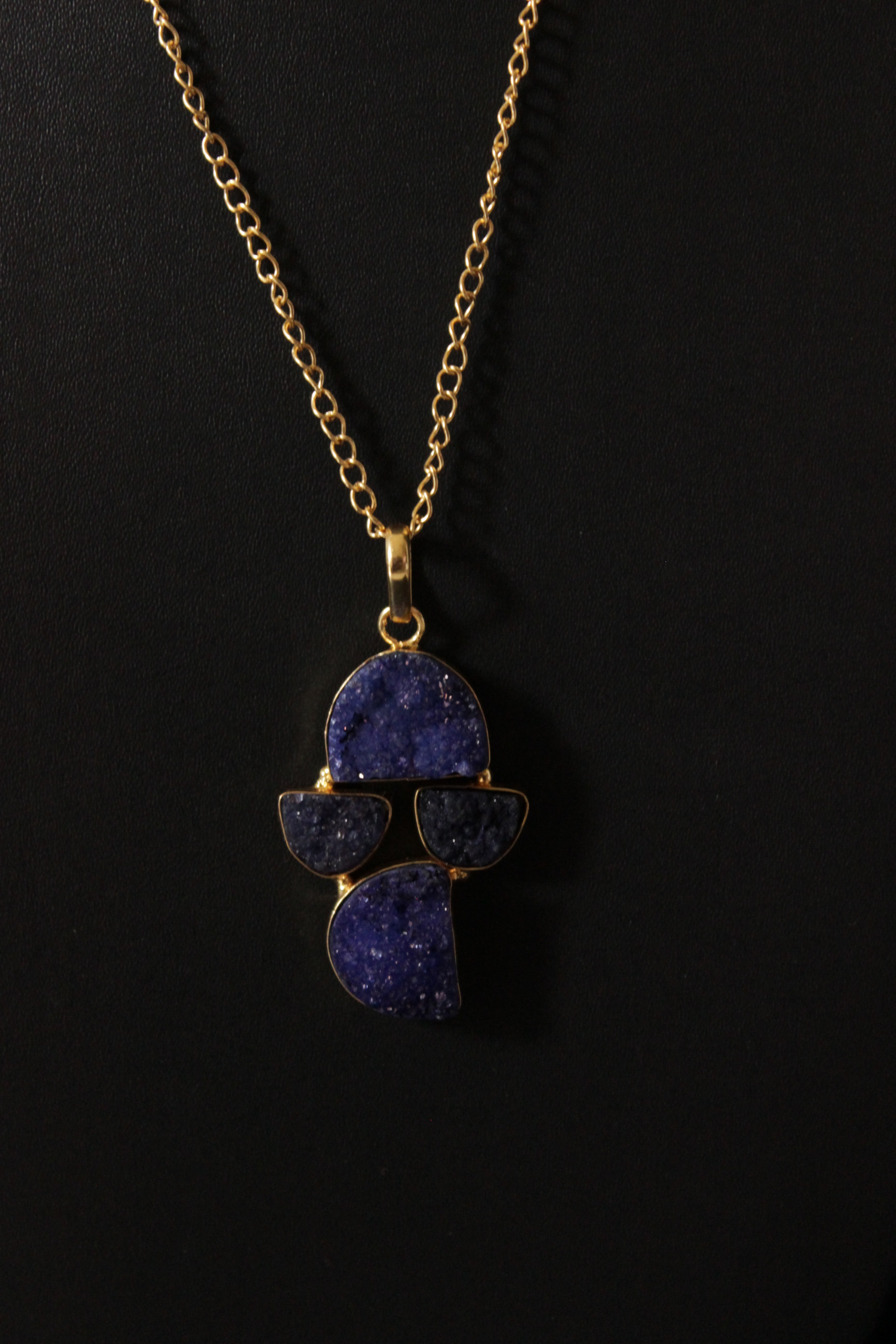 Titanium Ink Blue Sugar Druzy Gemstone Embedded Gold Plated Necklace