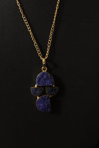 Titanium Ink Blue Sugar Druzy Gemstone Embedded Gold Plated Necklace