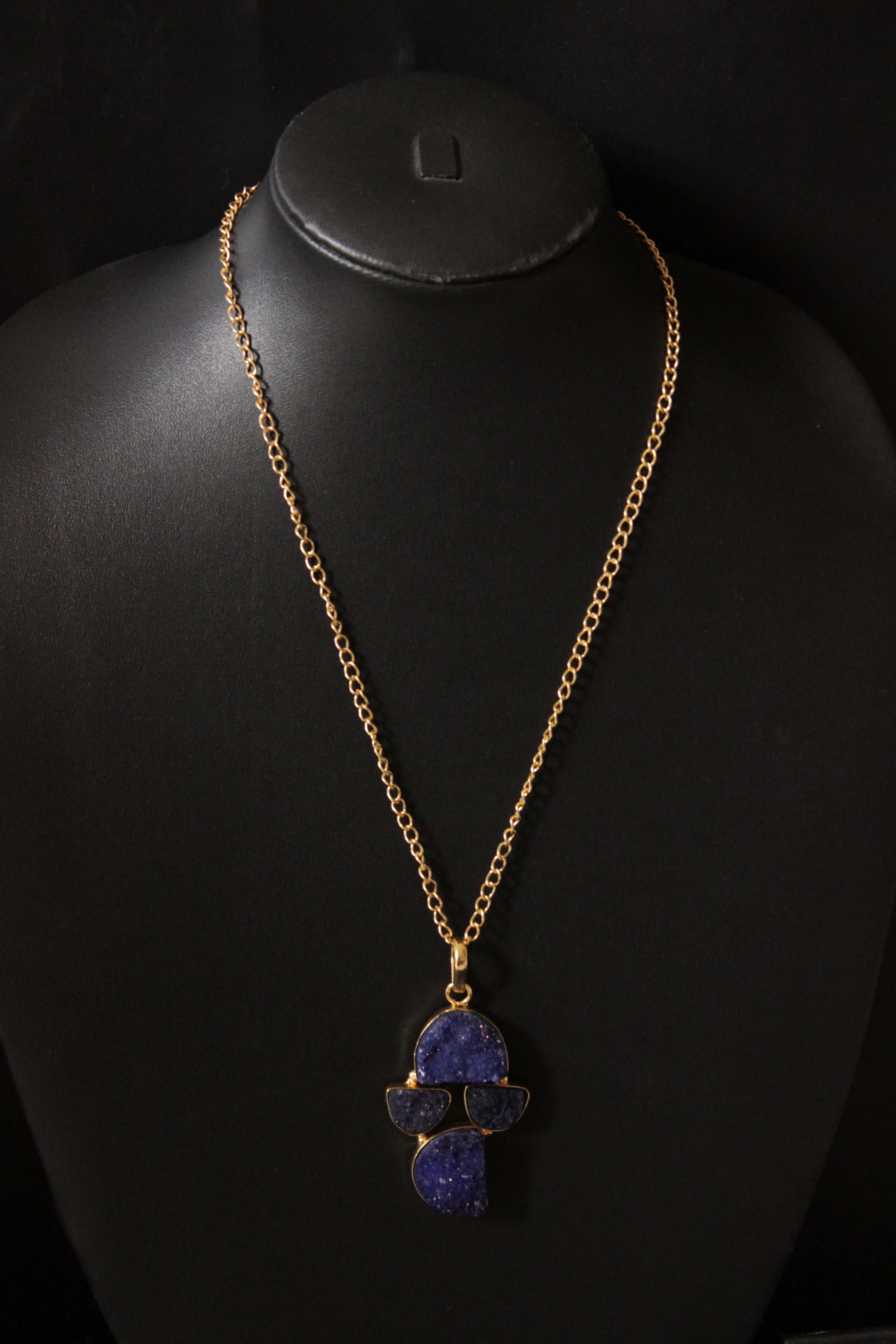 Titanium Ink Blue Sugar Druzy Gemstone Embedded Gold Plated Necklace