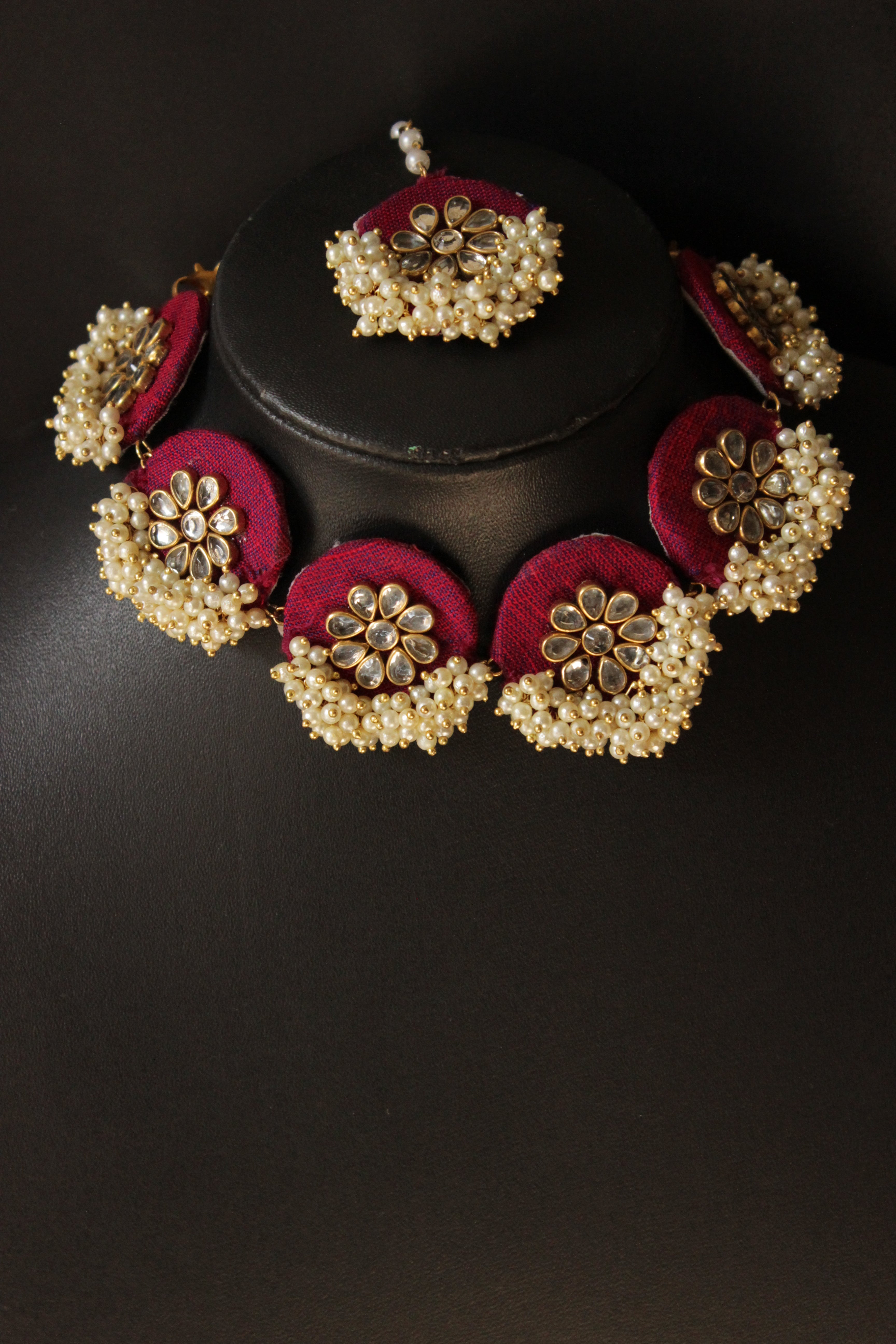 Vibrant Fabric Set of 3 Accentuated with Kundan and White Beads - Set of Necklace, Earrings and Mangtika