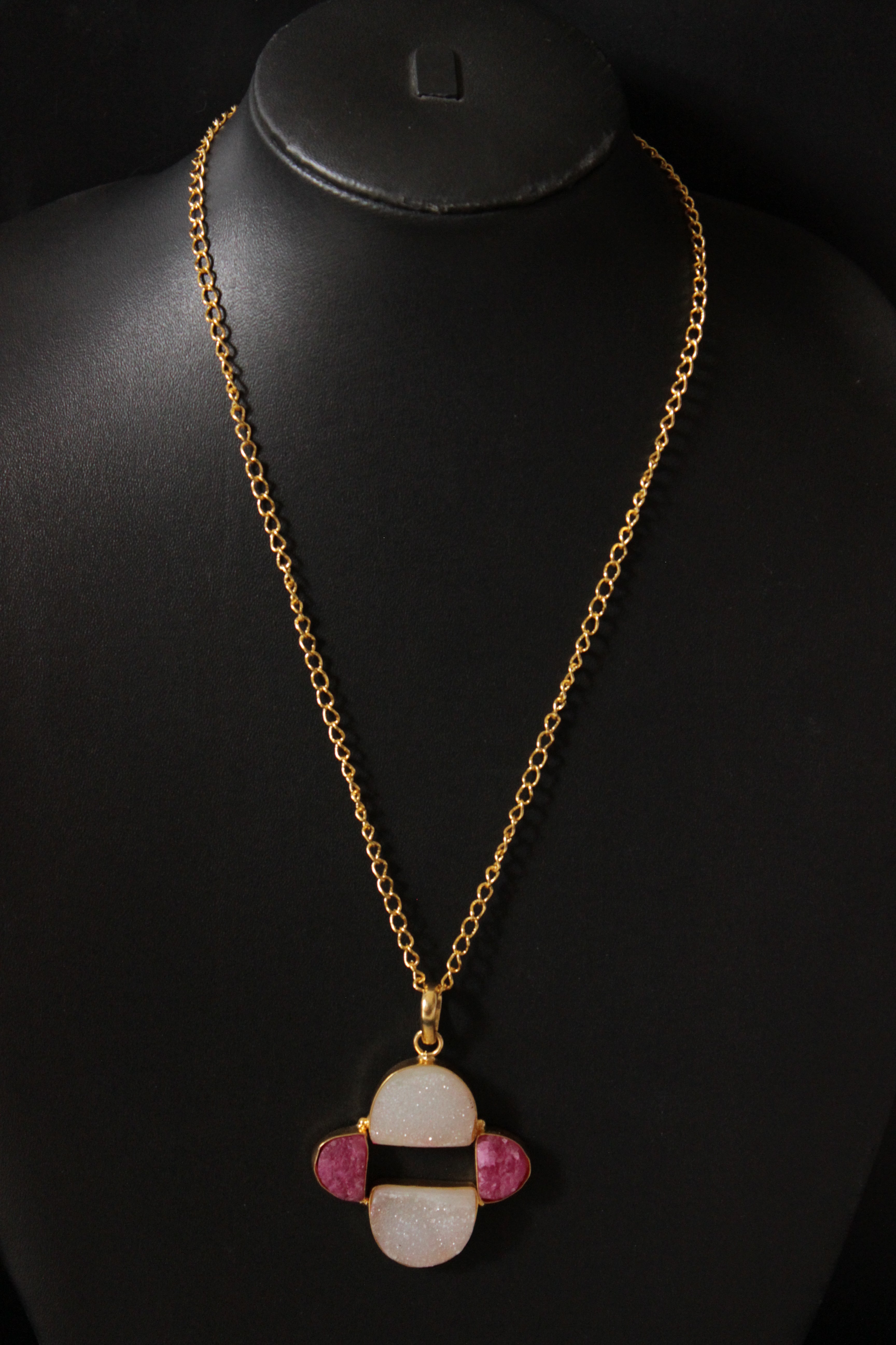 White Pink Sugar Druzy Gemstone Gold Plated Necklace
