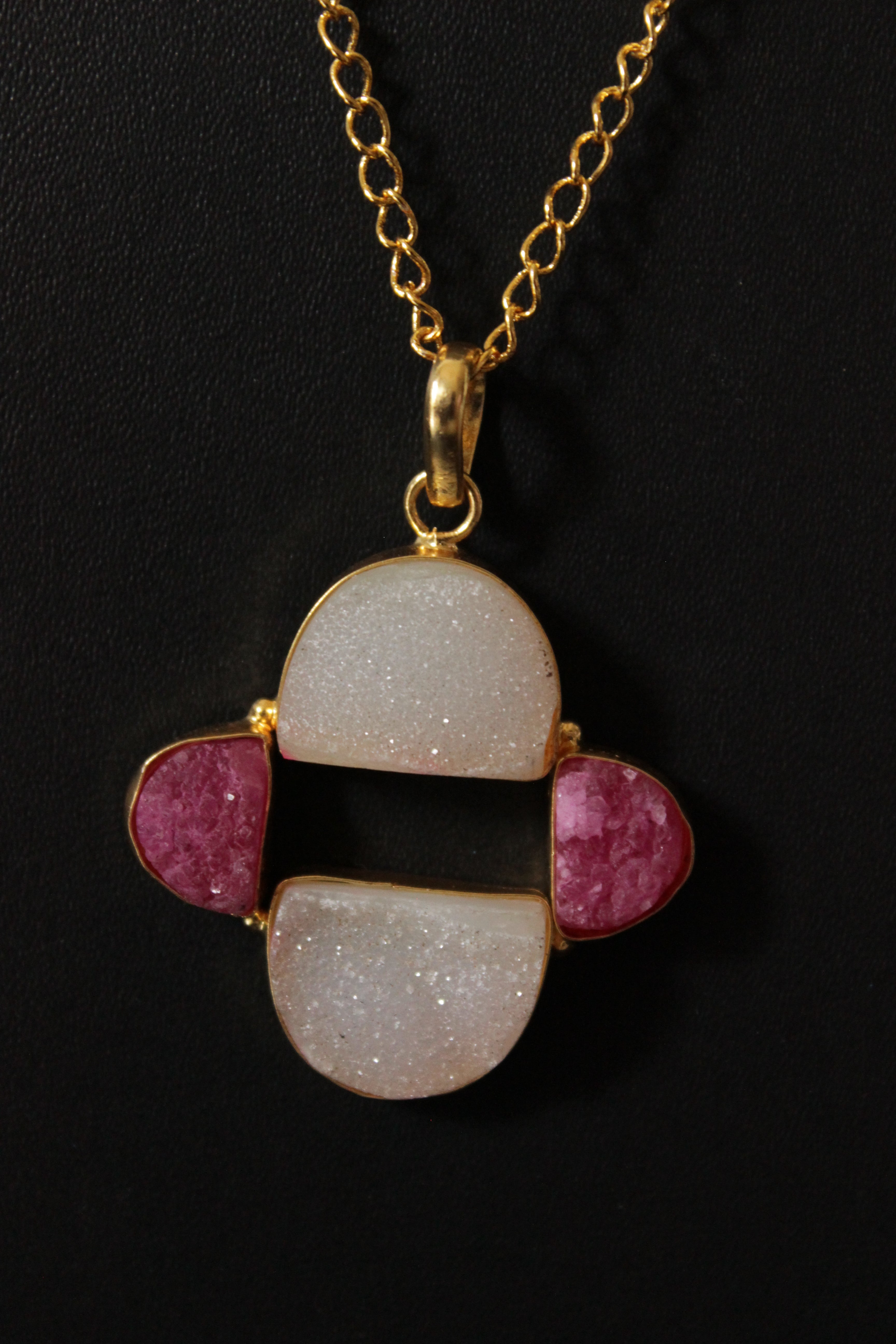 White Pink Sugar Druzy Gemstone Gold Plated Necklace