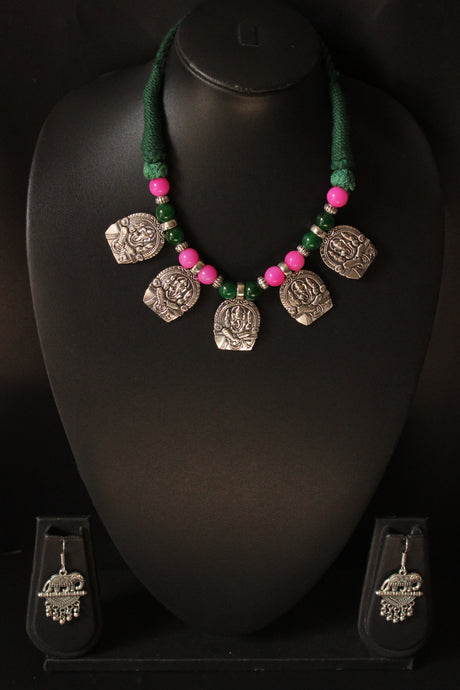 Hand Braided Pink & Green Acrylic Beads Intertwined with Elaborate Ganesha Motif Charms Necklace Set