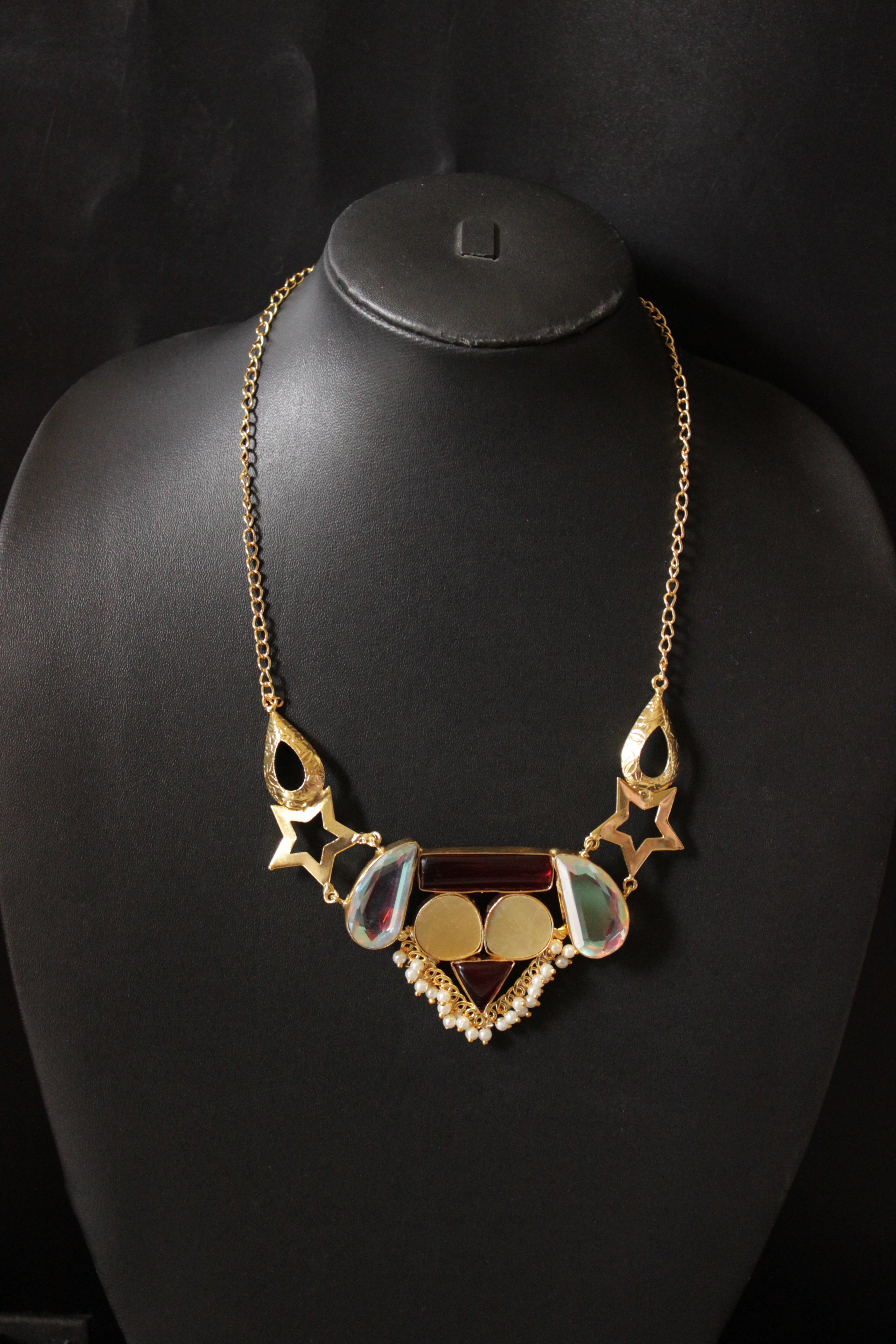 Multi-Color Gemstones Embedded Gold Plated Necklace