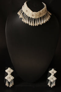 White Beaded Exclusive Choker Necklace Set with 2 Layer Dangler Earrings
