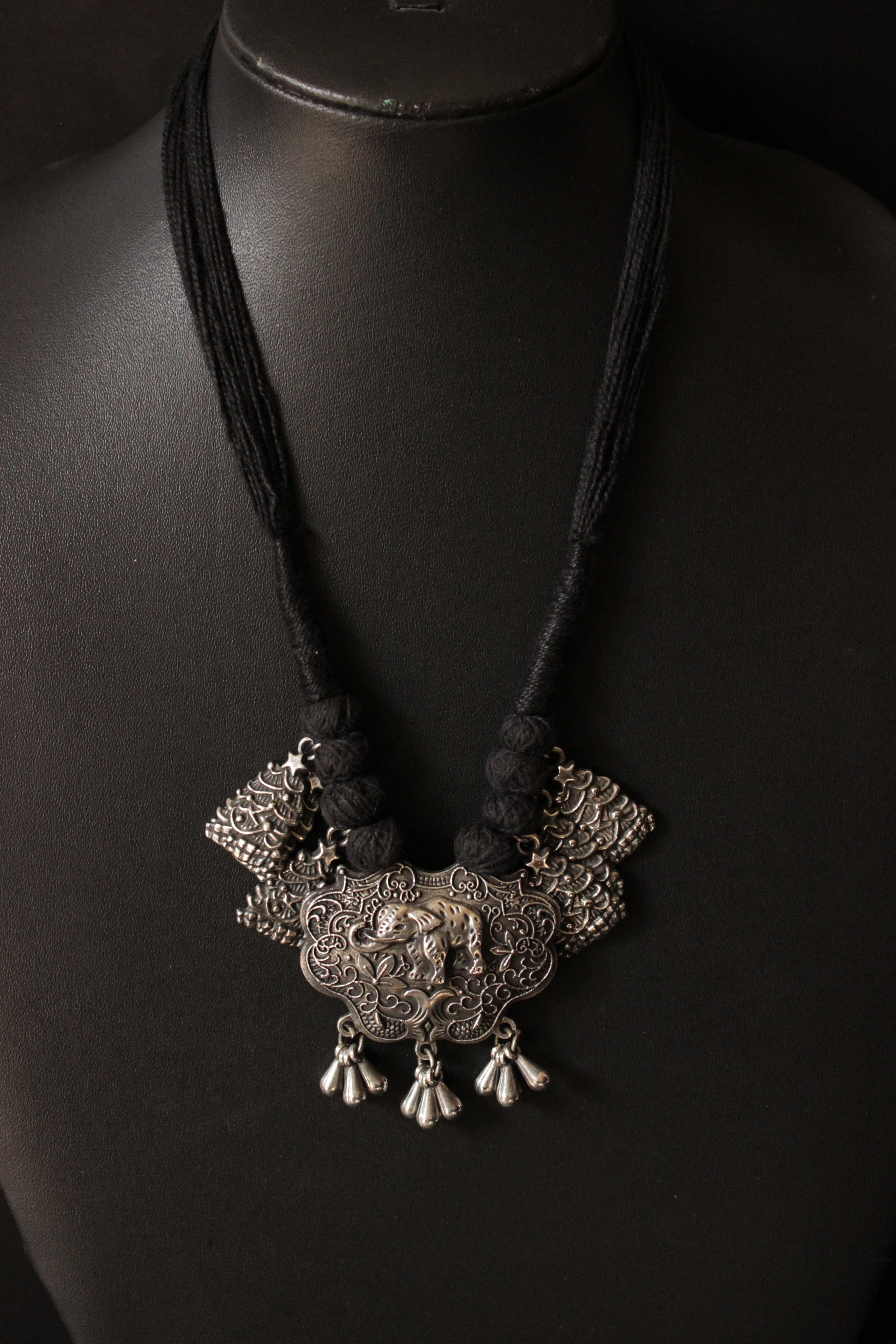Elephant Motif Intricately Detailed Adjustable Thread Closure Premium Oxidised Finish Brass Necklace