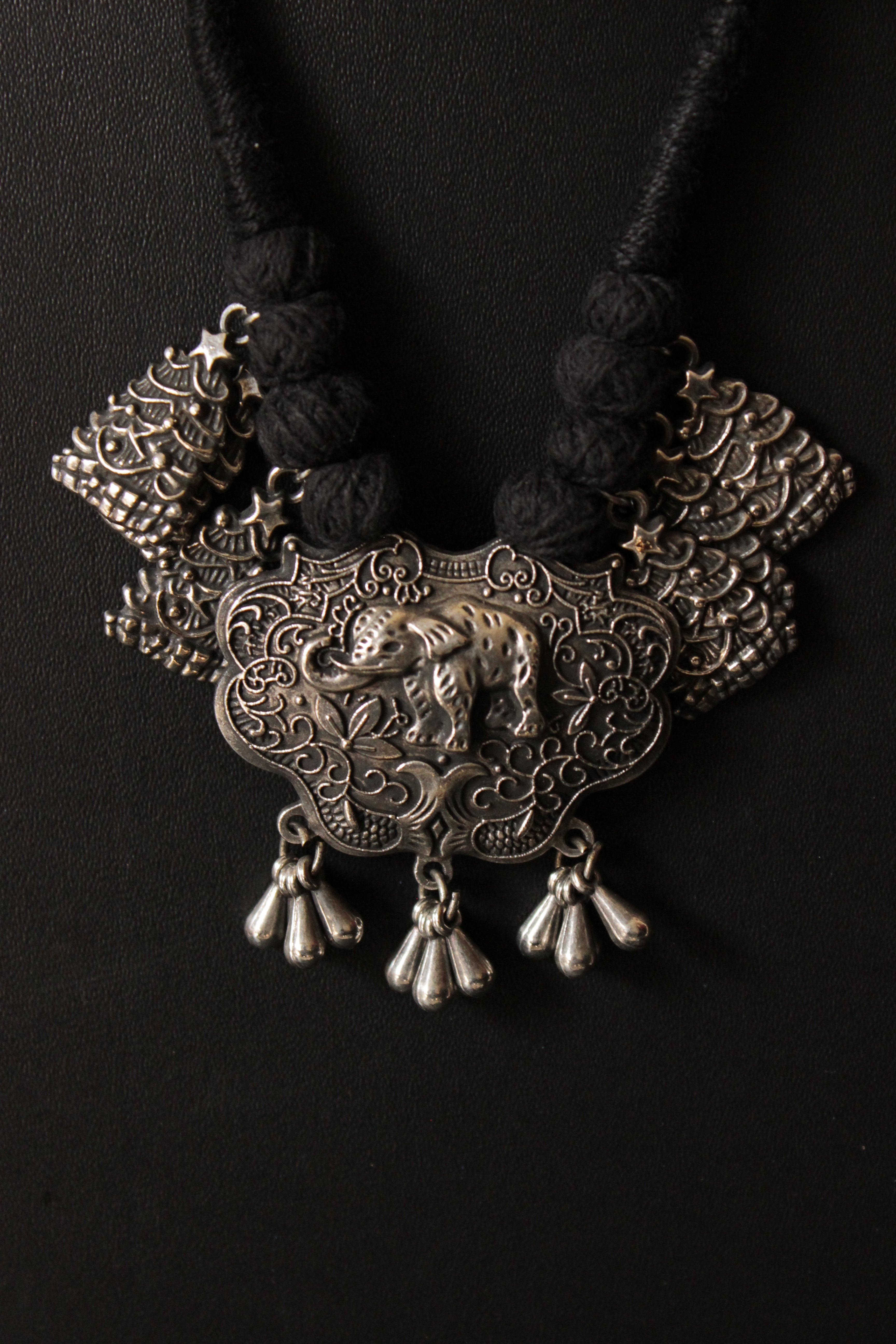 Elephant Motif Intricately Detailed Adjustable Thread Closure Premium Oxidised Finish Brass Necklace