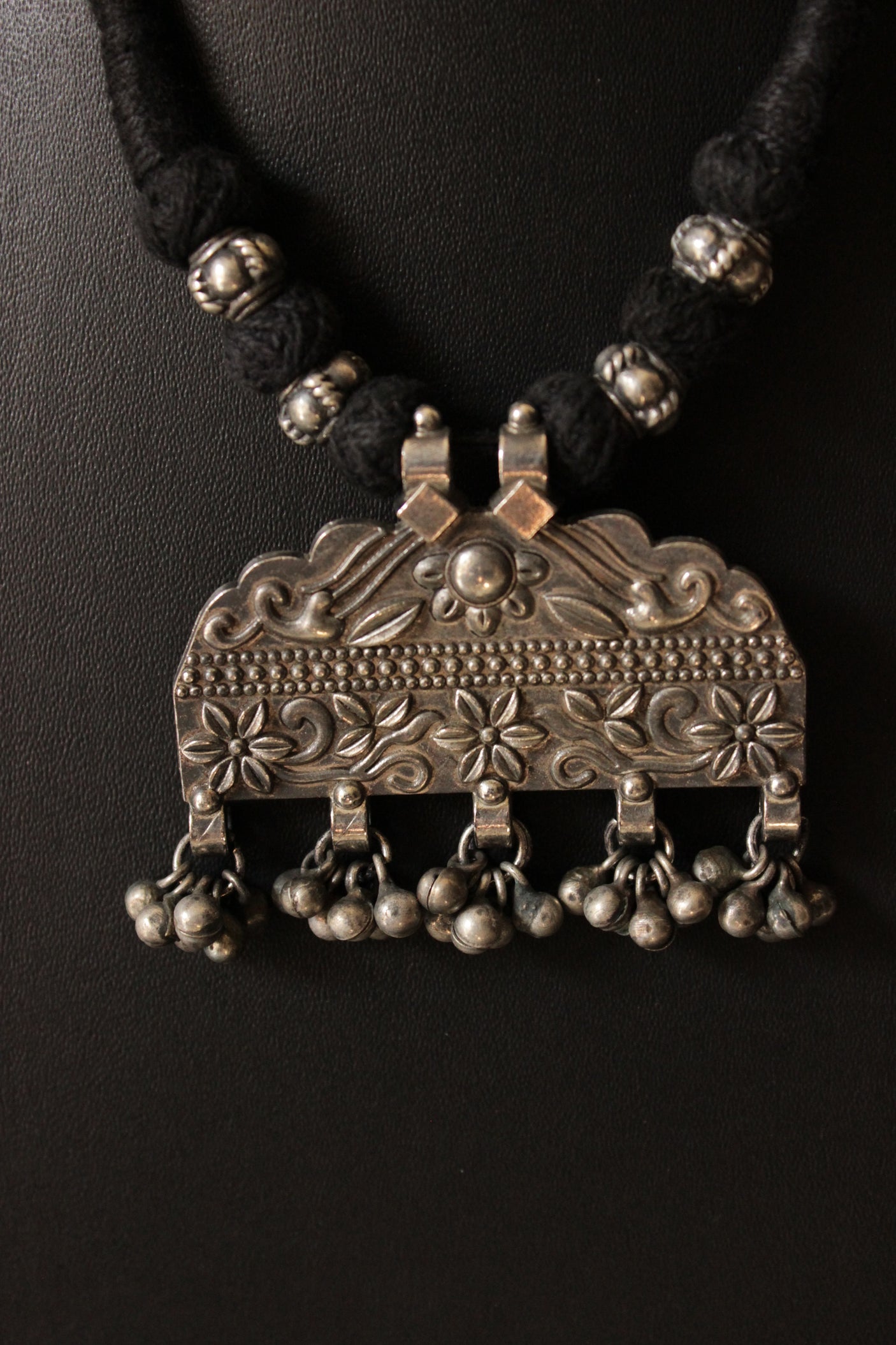 Flower Motifs Detailed Thread Closure Premium Oxidised Finish Brass Necklace