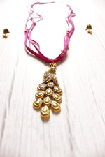 Load image into Gallery viewer, Peacock Motif Gold Finish Fuchsia Rope Closure Necklace Set
