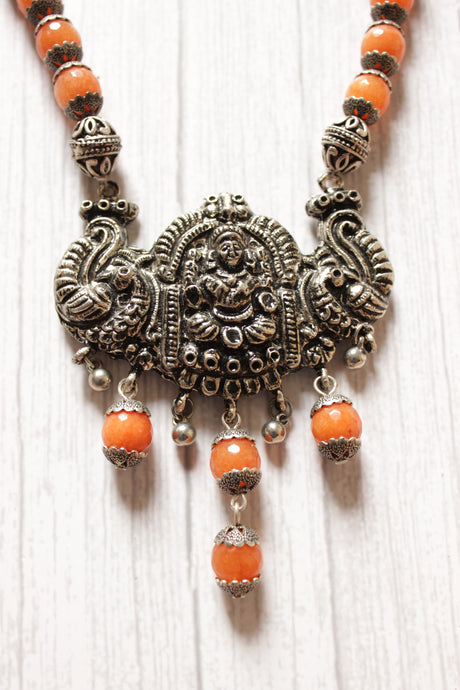 Orange Jade Beads Religious Motif Metal Pendant Necklace Set