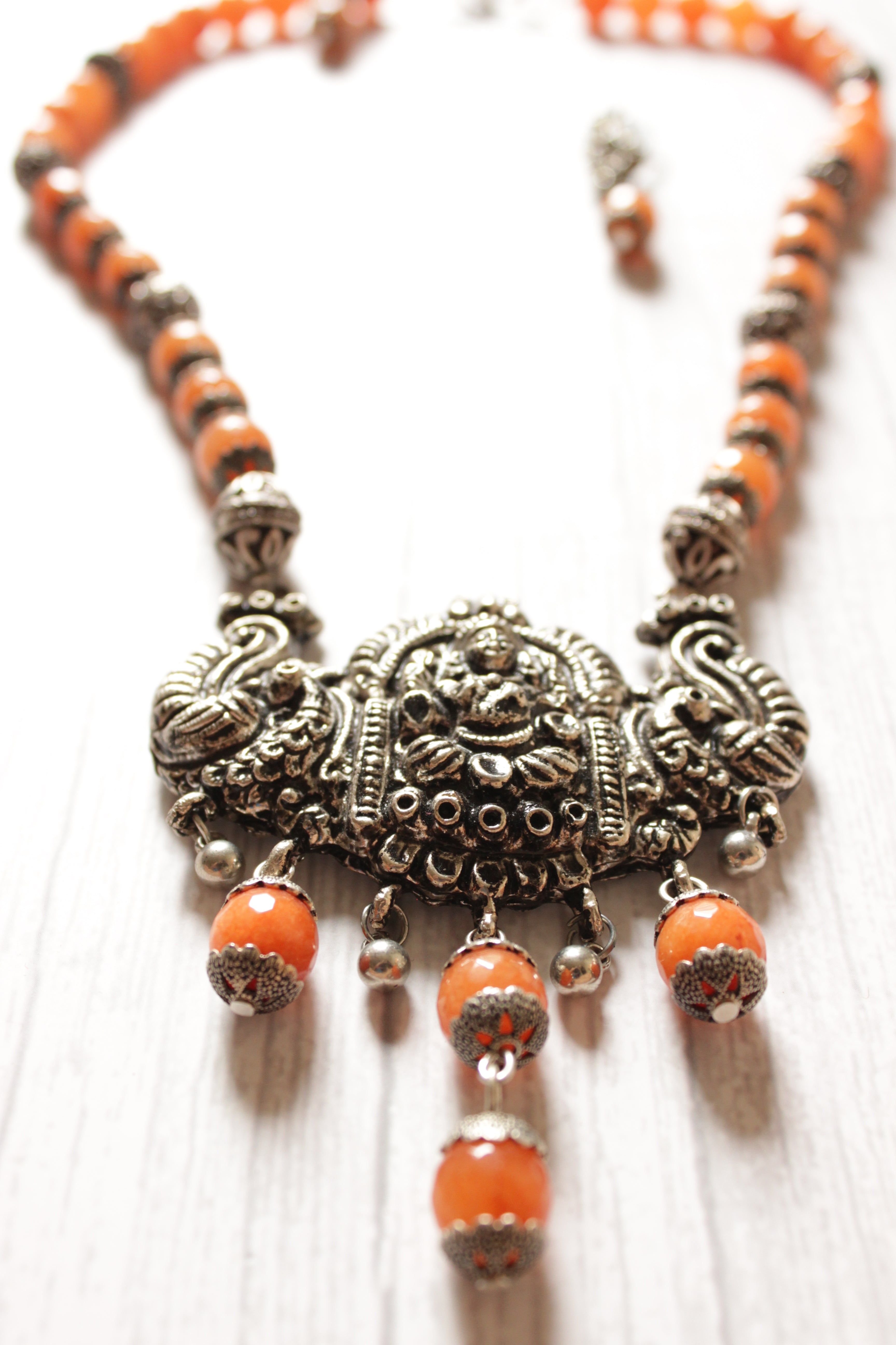 Orange Jade Beads Religious Motif Metal Pendant Necklace Set