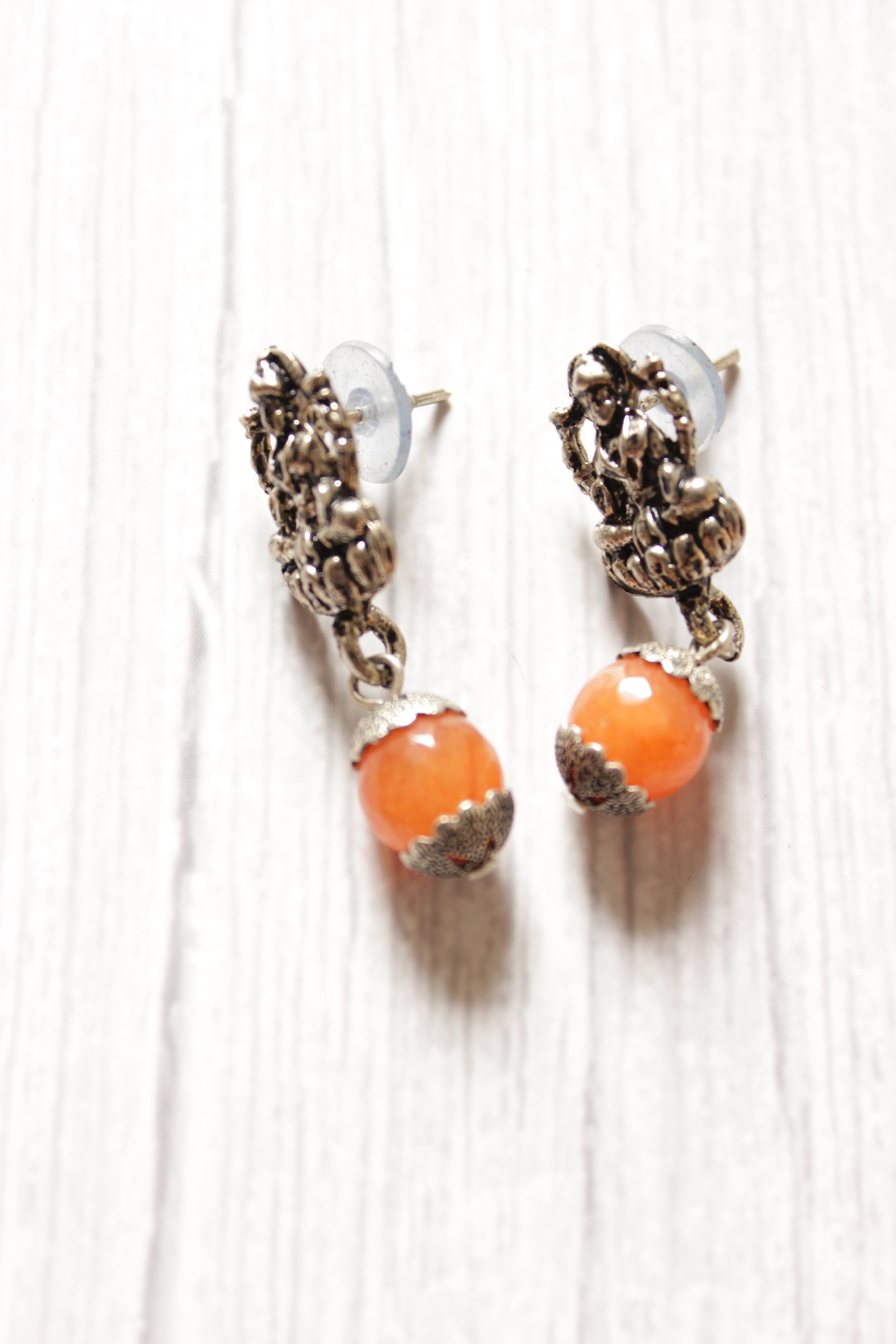 Orange Jade Beads Religious Motif Metal Pendant Necklace Set