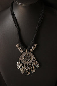 Leaf and Concentric Circles Elaborately Detailed Adjustable Thread Closure Premium Oxidised Finish Brass Necklace
