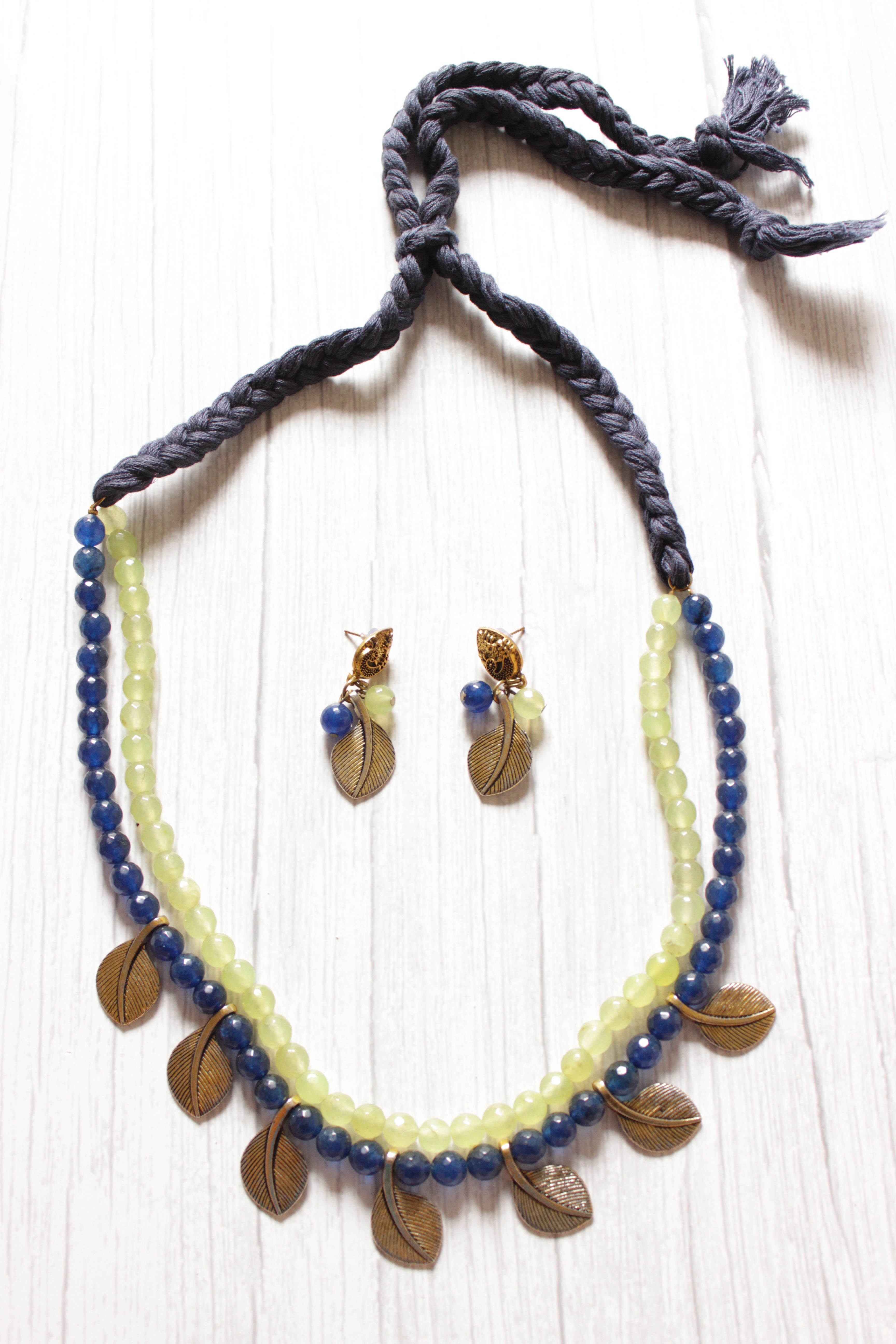 2 Layer Blue and Lemon Jade Beads Leaf Charms Necklace Set