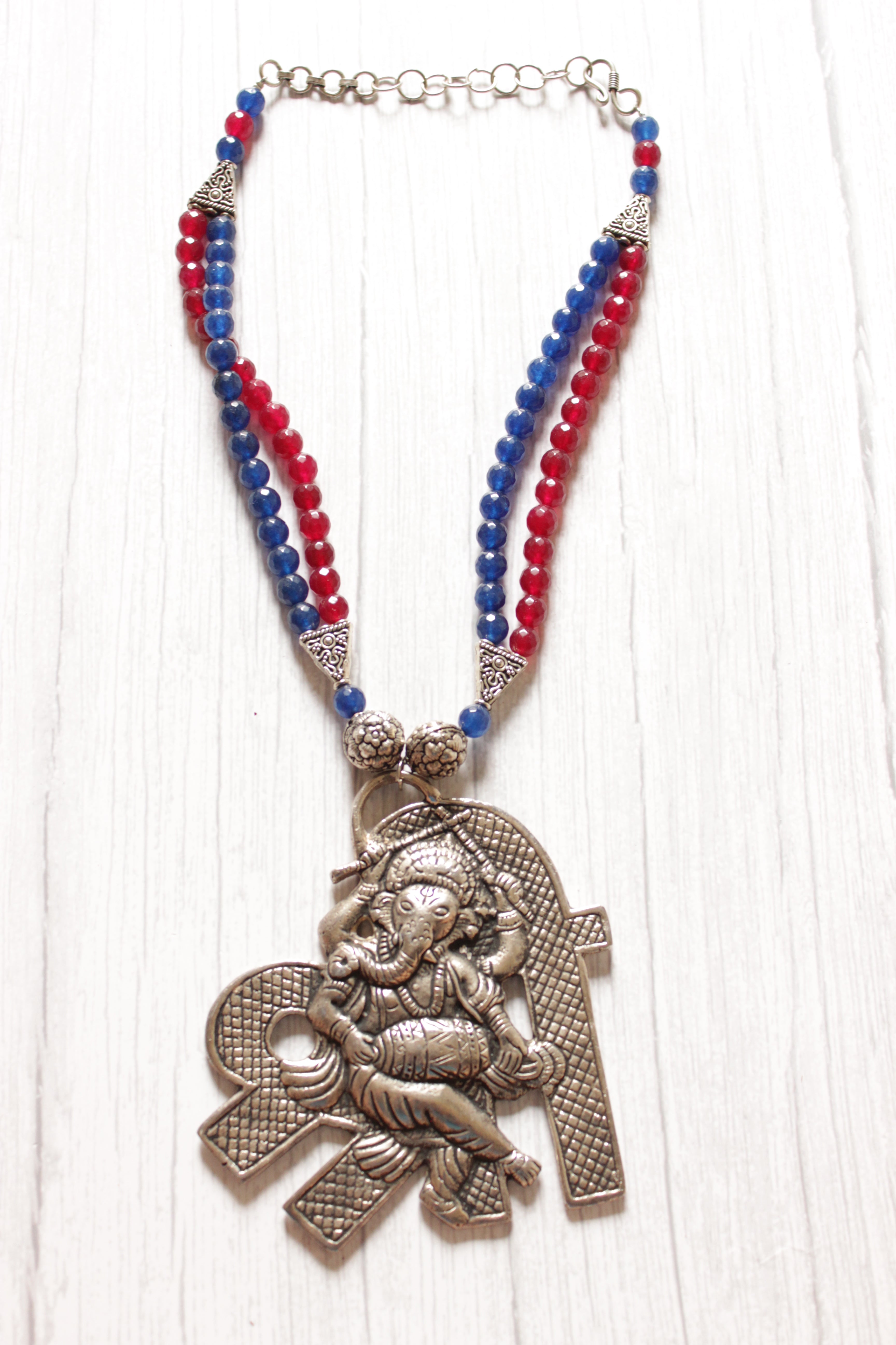 Statement Ganesha Pendant Red and Blue Jade Beads Necklace