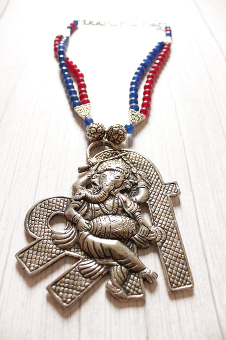 Statement Ganesha Pendant Red and Blue Jade Beads Necklace