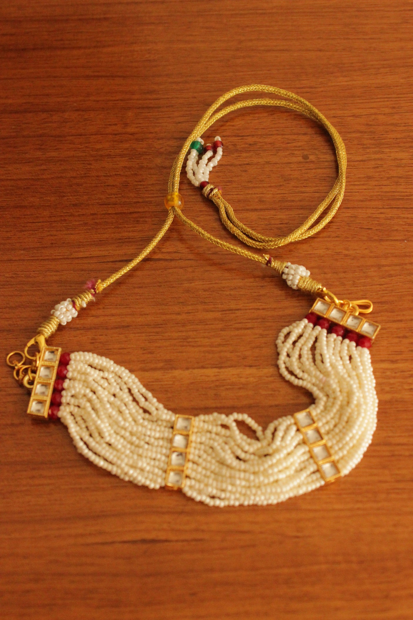 White and Red Beads Handmade Multiple Strings Gold Toned Choker Necklace