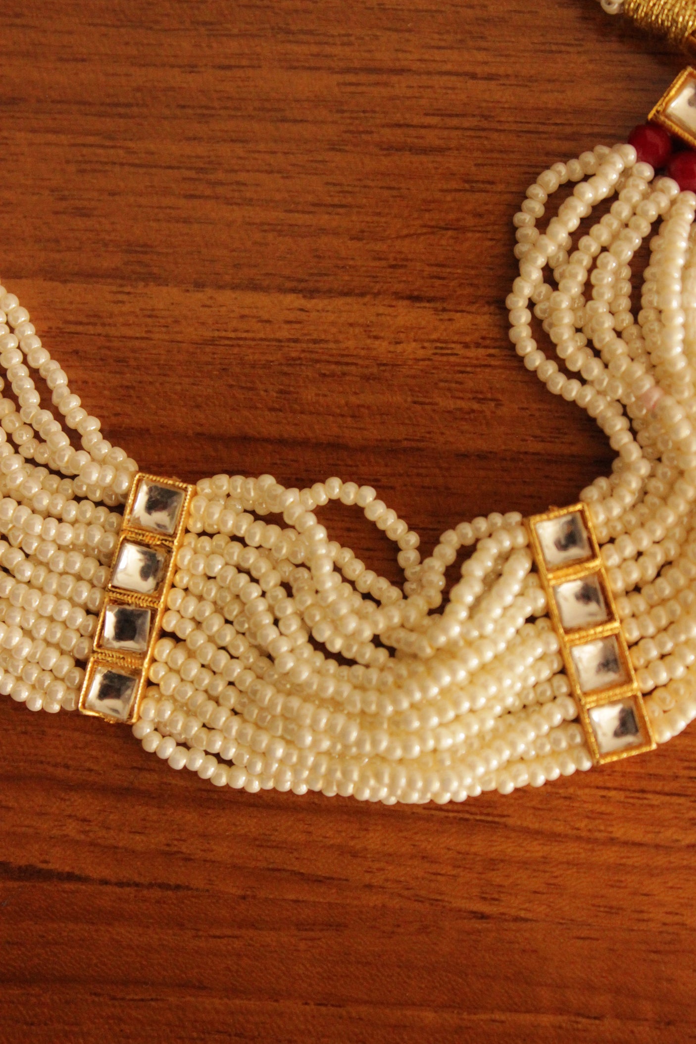White and Red Beads Handmade Multiple Strings Gold Toned Choker Necklace