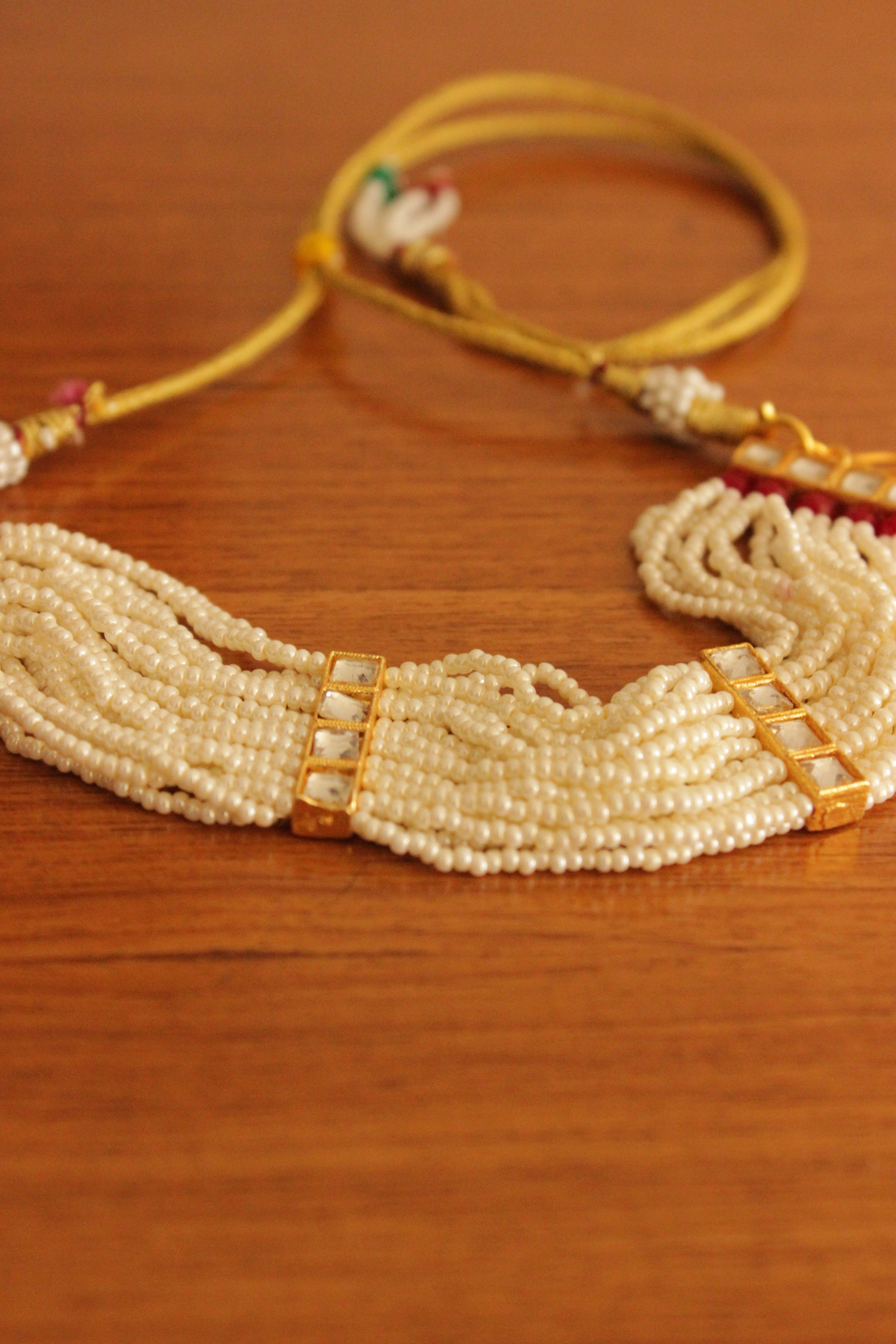 White and Red Beads Handmade Multiple Strings Gold Toned Choker Necklace