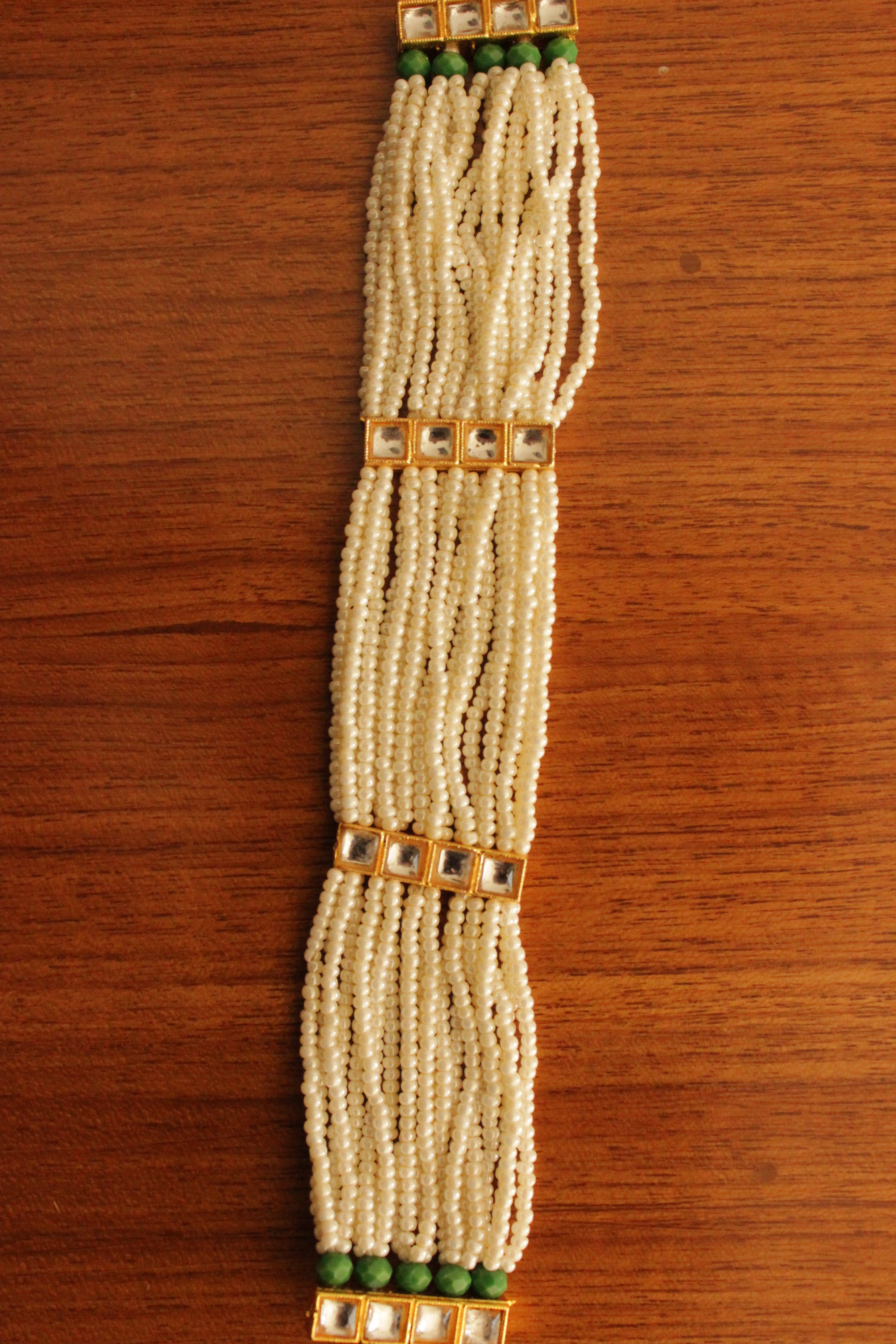 White and Green Beads Handmade Multiple Strings Gold Toned Bracelet