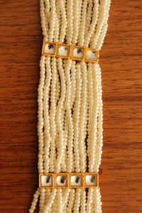 White and Red Beads Handmade Multiple Strings Gold Toned Bracelet
