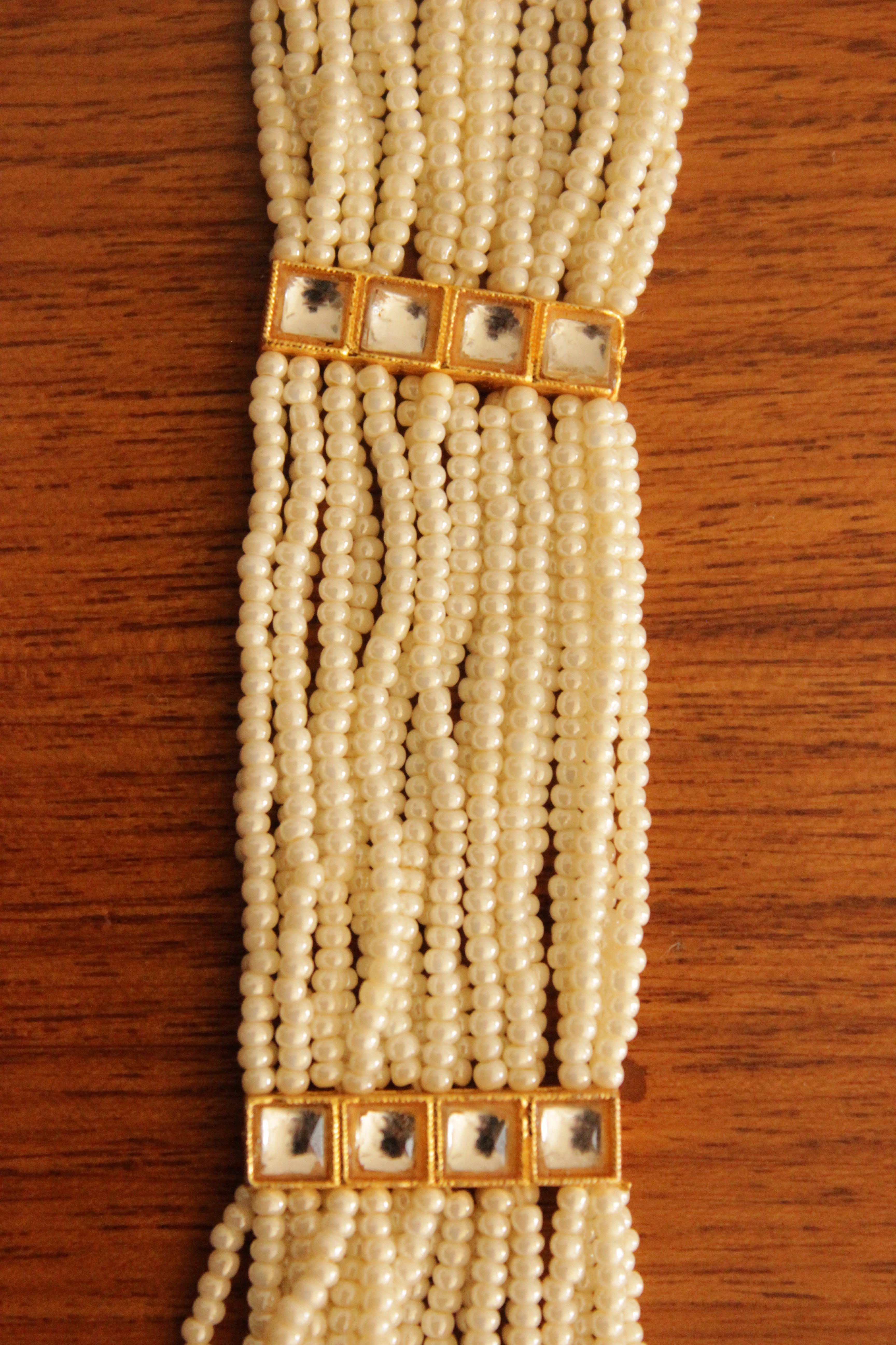 White and Green Beads Handmade Multiple Strings Gold Toned Bracelet