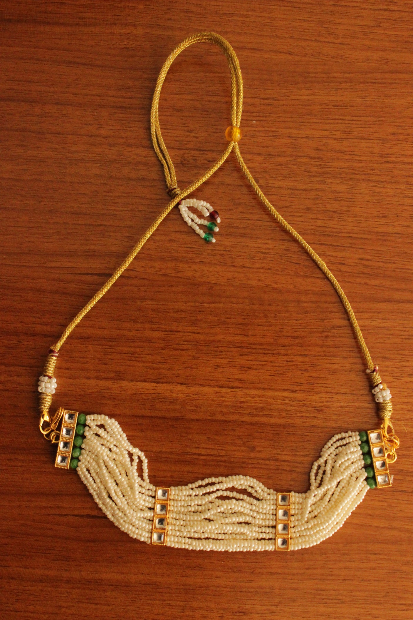 White and Green Beads Handmade Multiple Strings Gold Toned Choker Necklace