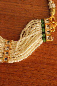 White and Green Beads Handmade Multiple Strings Gold Toned Choker Necklace