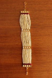 White and Red Beads Handmade Multiple Strings Gold Toned Bracelet