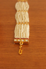 White and Red Beads Handmade Multiple Strings Gold Toned Bracelet