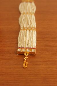 White and Red Beads Handmade Multiple Strings Gold Toned Bracelet