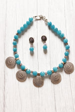 Load image into Gallery viewer, Turquoise Jade Beads Spiral Metal Charms Necklace Set
