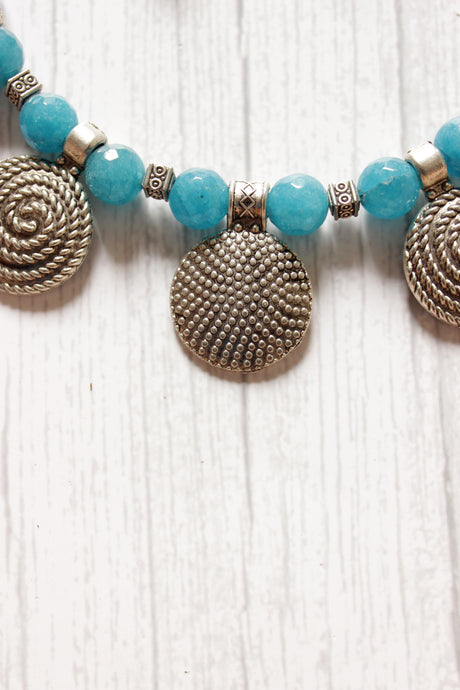 Turquoise Jade Beads Spiral Metal Charms Necklace Set