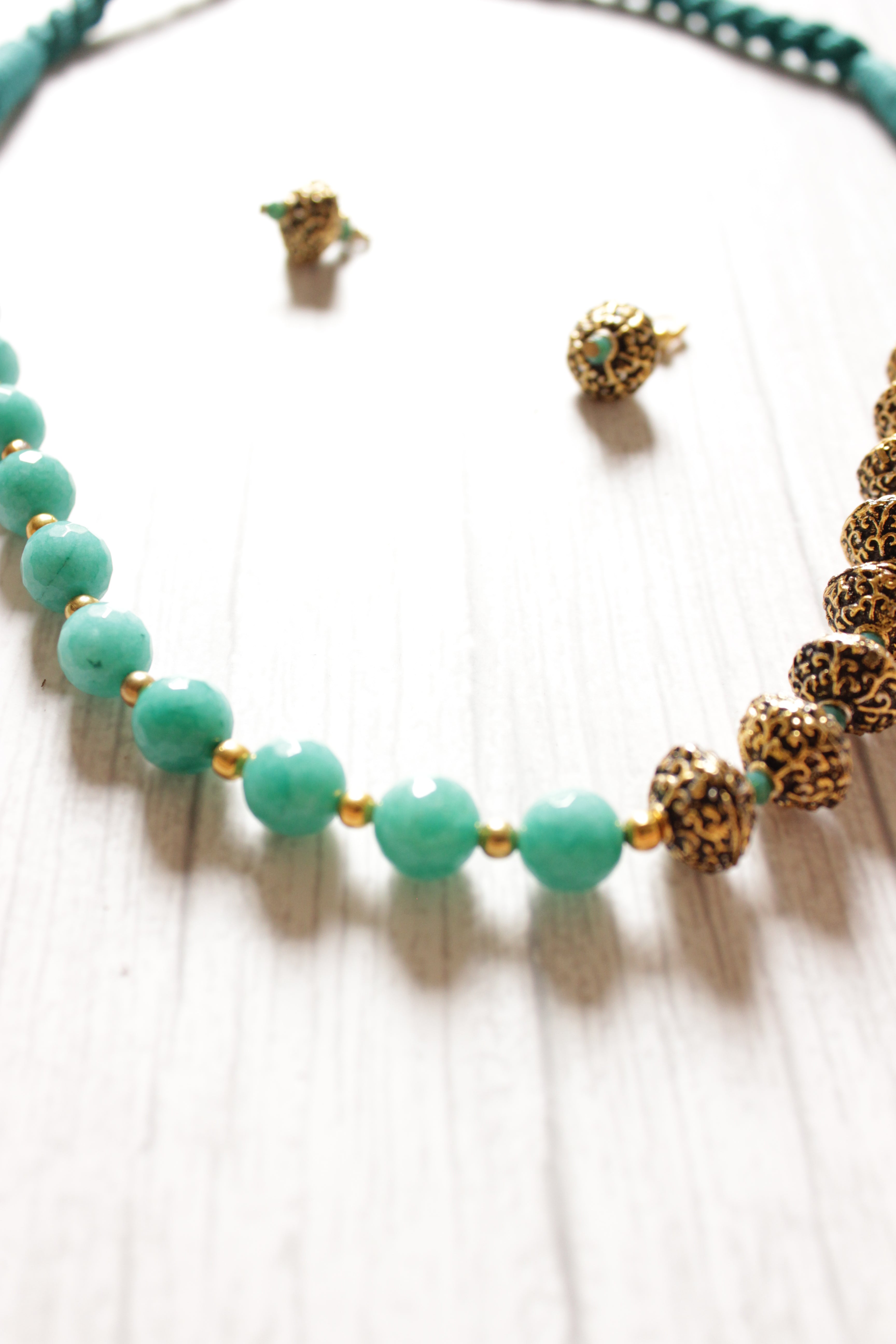 Turquoise and Antique Gold Finish Metal Beads Necklace Set