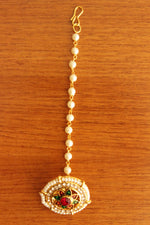 Load image into Gallery viewer, Red &amp; Green Glass Stones and White Beads Gold Toned Traditional Rajasthani Jodha Borla (Mangtika)
