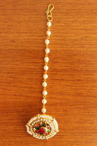 Red & Green Glass Stones and White Beads Gold Toned Traditional Rajasthani Jodha Borla (Mangtika)