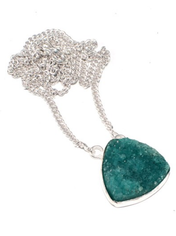 Trillion Shape Green Sugar Druzy Gemstone Pendant Necklace 16'' to 18''