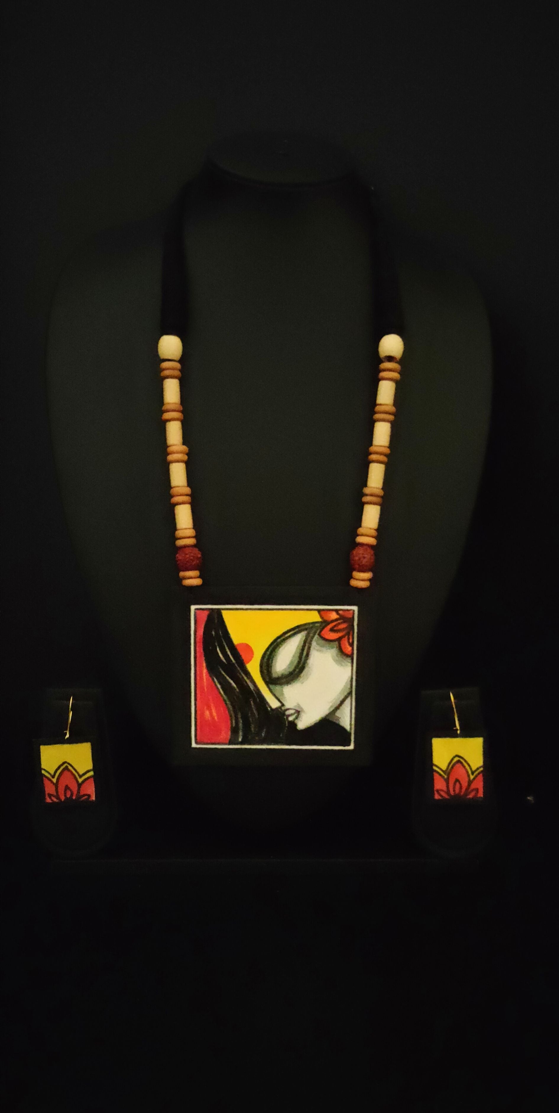 Hand Painted Fabric Woman Face Necklace Set
