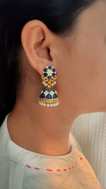 Load image into Gallery viewer, Blue and White Handpainted Meenakari Jhumkas
