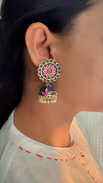Load image into Gallery viewer, Green and Pink Handpainted Meenakari Jhumkas
