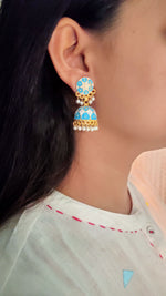 Load image into Gallery viewer, Sea Blue and White Handpainted Meenakari Jhumkas
