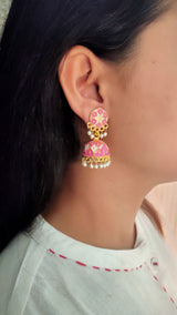 Pink and White Handpainted Meenakari Jhumkas