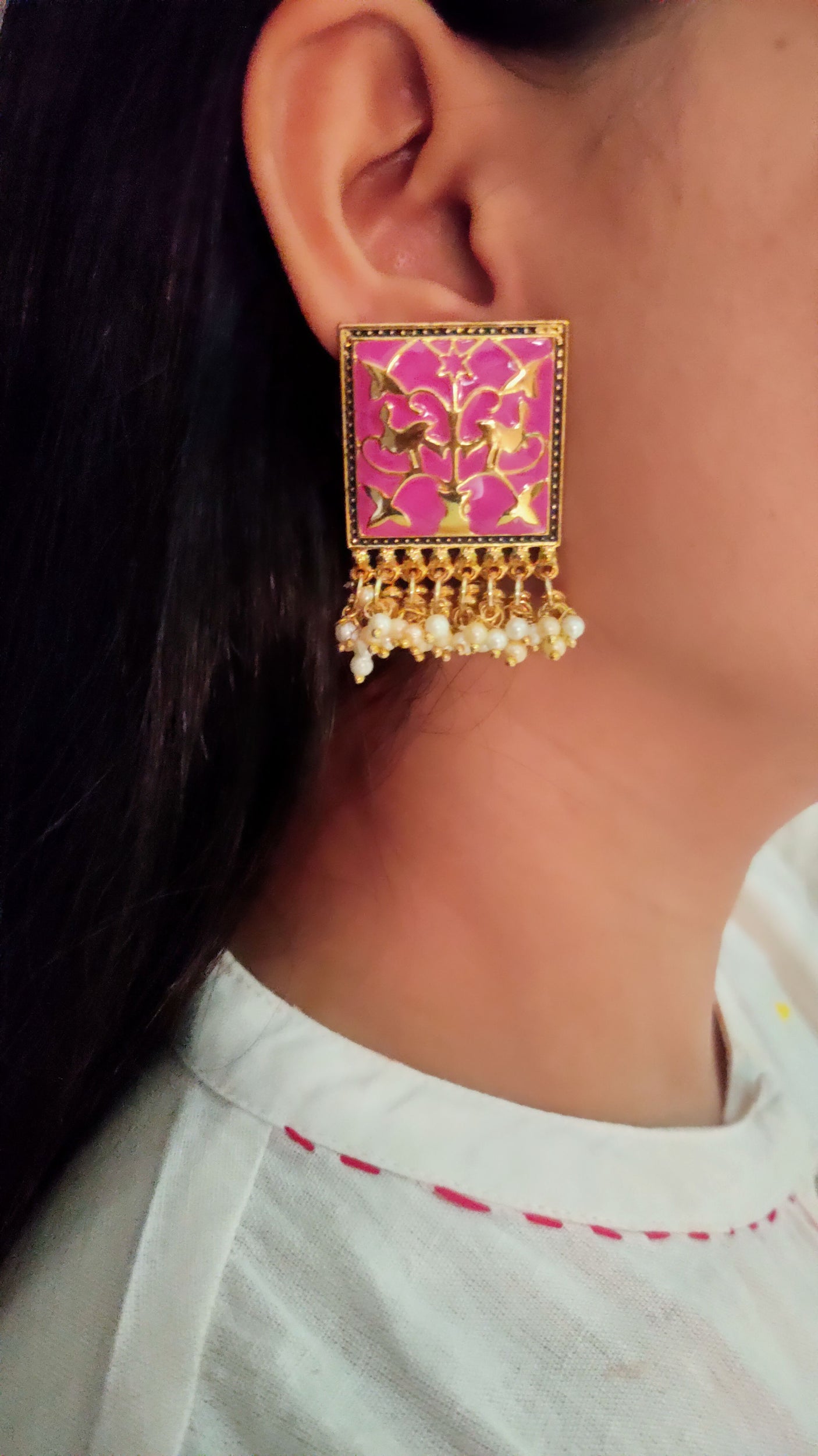 White Beads Pink Enamel Paint Earrings