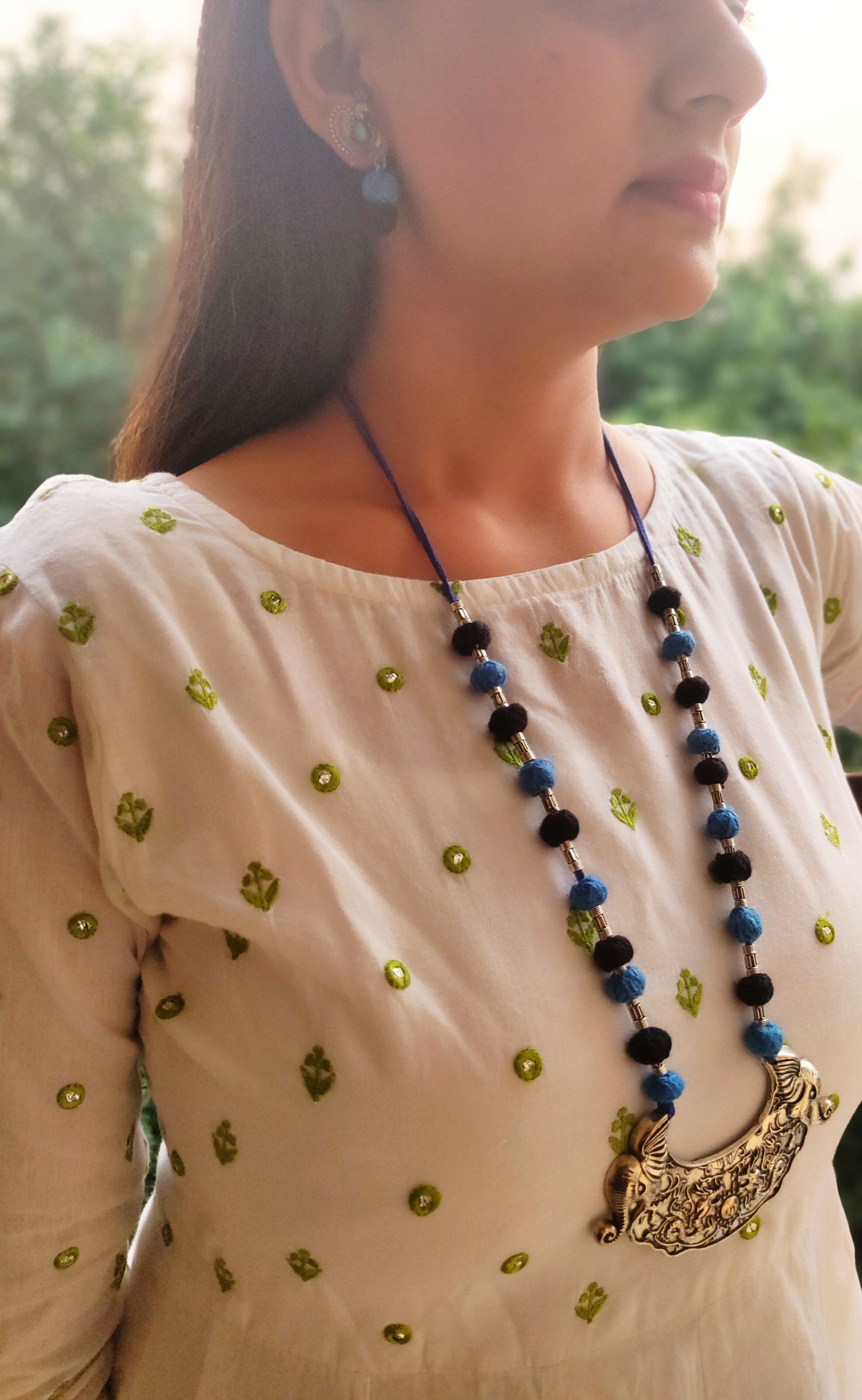 Statement Metal Pendant Fabric Beads Necklace Set