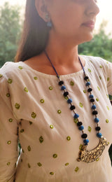 Statement Metal Pendant Fabric Beads Necklace Set