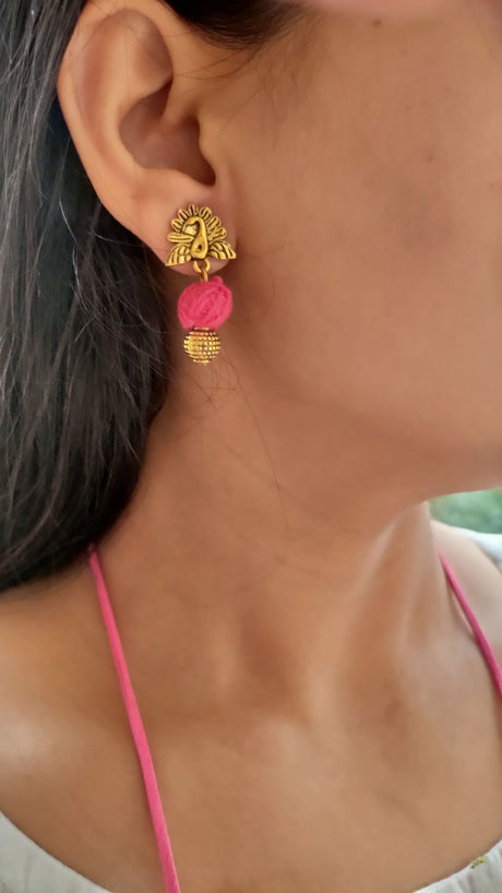 Pink Thread Closure Fabric Beads Antique Gold Finish Necklace Set with Peacock Detailing